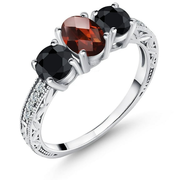 Gem Stone King 2.50 Ct Oval Checkerboard Red Garnet Black Sapphire 925 Sterling Silver Ring (Size 6)