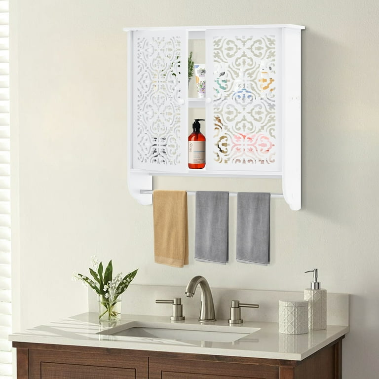 HONEIER Bathroom Wall Cabinet with Towels Bar Over The Toilet Space Saver Storage Cabinet Wall Mounted Medicine Cabinets with 2 Doors for Toilet