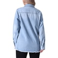 thumbnail image 3 of Chaqueta de mezclilla de mujer de gran tamaño con dobladillo deshilachado y botones, con bolsillos, color azul claro, talla M, 3 of 6