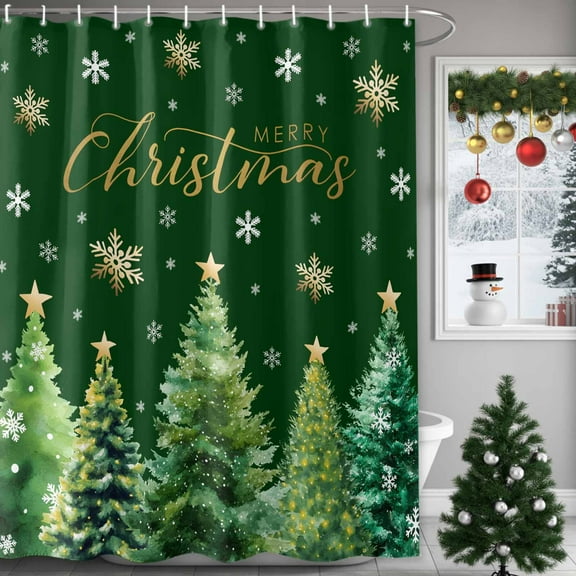 Christmas Tree Shower Curtains for Bathroom, Merry Christmas Snowflakes Gold Green Waterproof Fabric Shower Curtain for Bathroom Bathtub Decoration, Machine Washable, 60"x72"