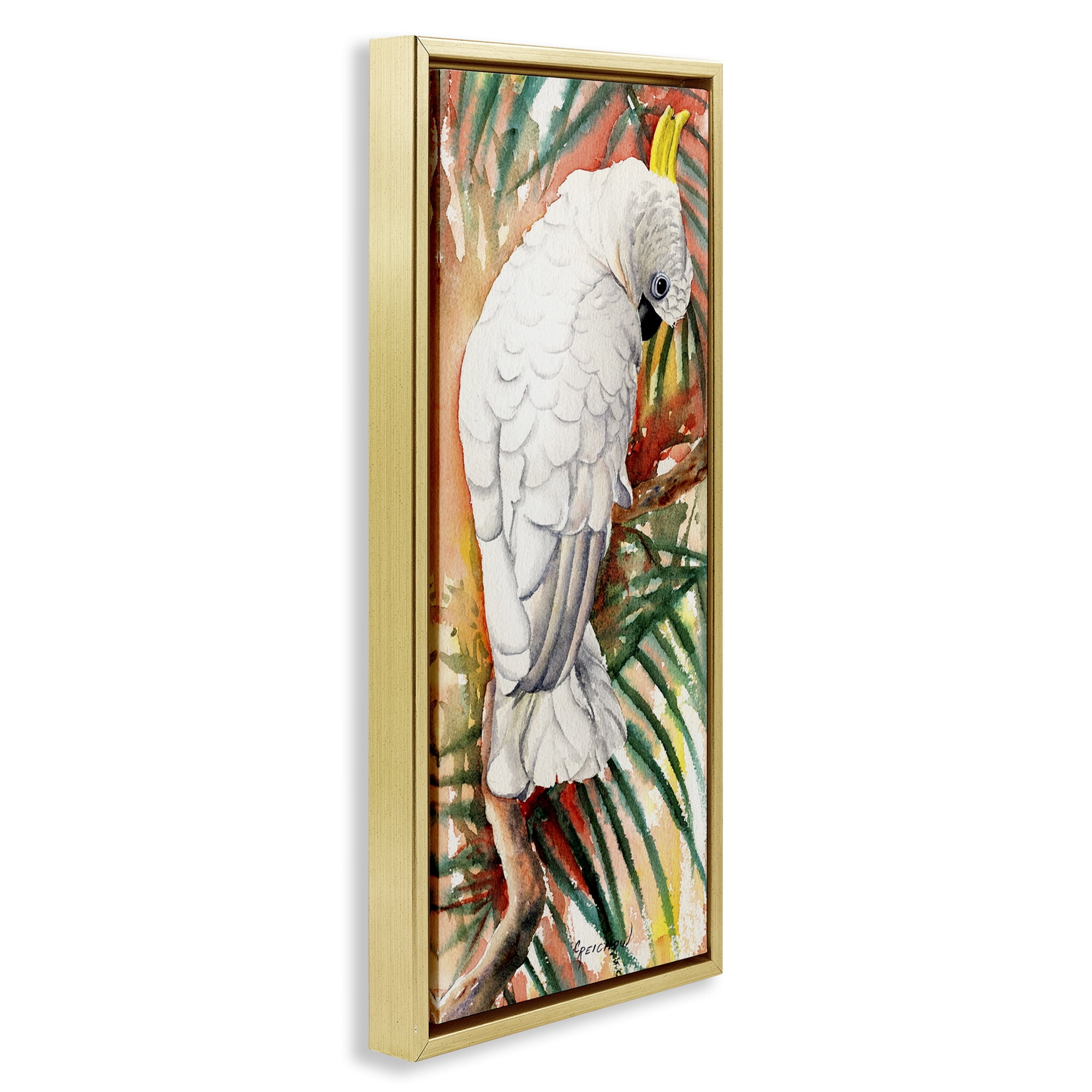 Stupell Industries Cockatoo Among Leaves Animals & Insects Painting Gold Floater Framed Canvas Art Print Wall Art, 15 x 31
