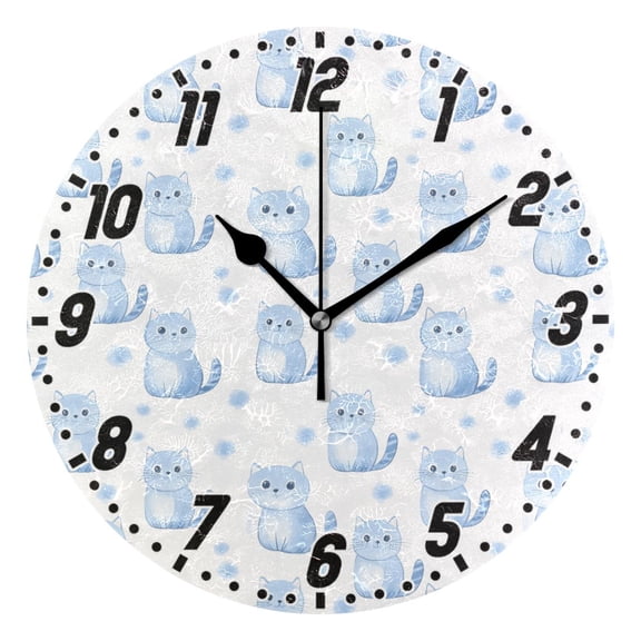 Dailycode Round Wall Clock Battery Operated Silent Non-Ticking Hanging Clock 10" Cute Blue Cat