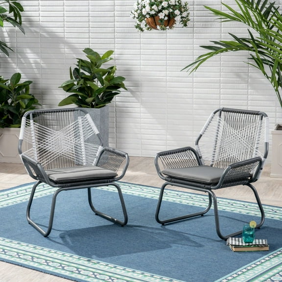 Set of 2 White and Gray Contemporary Outdoor Patio Club Chairs 33.25"