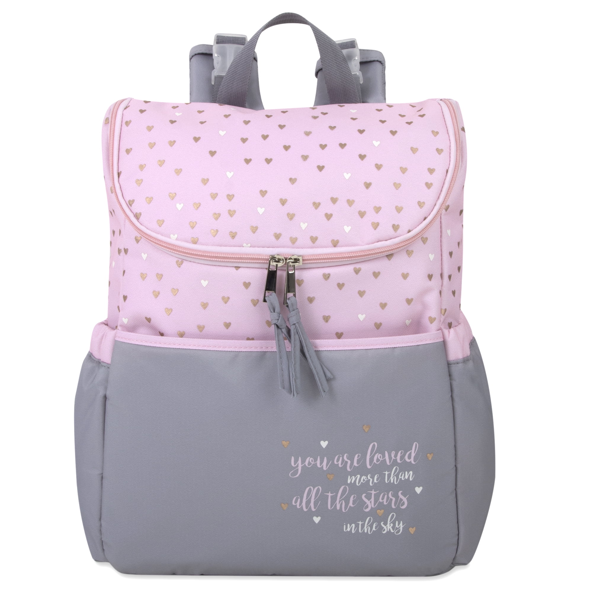 Baby Essentials 15.5”L 5 Piece Multi-Pocket Diaper Bag Backpack with Matching Changing Pad, Wipes Case, Insulated Bottle Bag & Organizer Pouch for Newborns, Infants & Toddlers in Pink & Gray Hearts