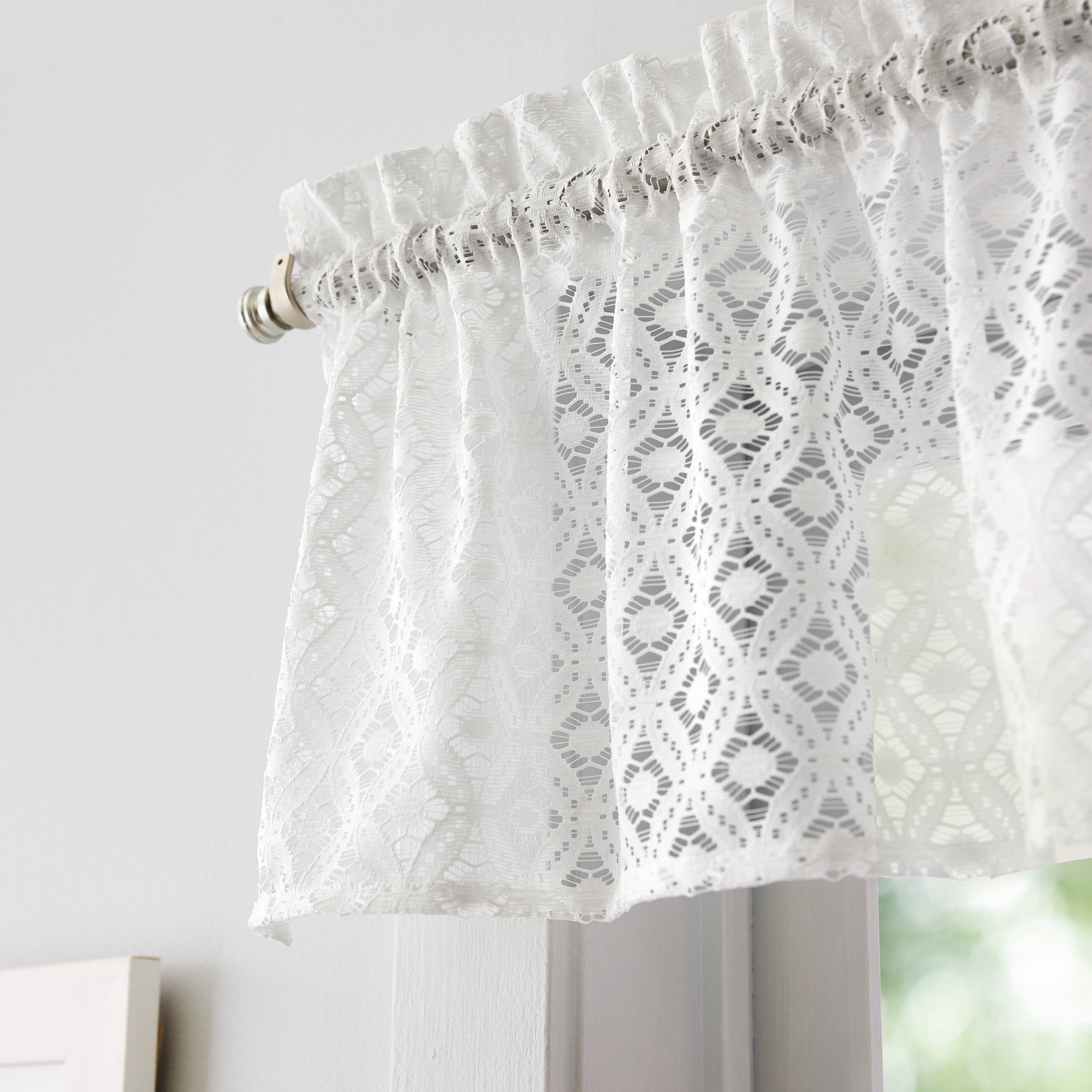 Martha Stewart Canterbury Lace 3 Piece Valance & Tier Set White, Rod Pocket, Sheer, Indoor, Adult, 60" x 14"
