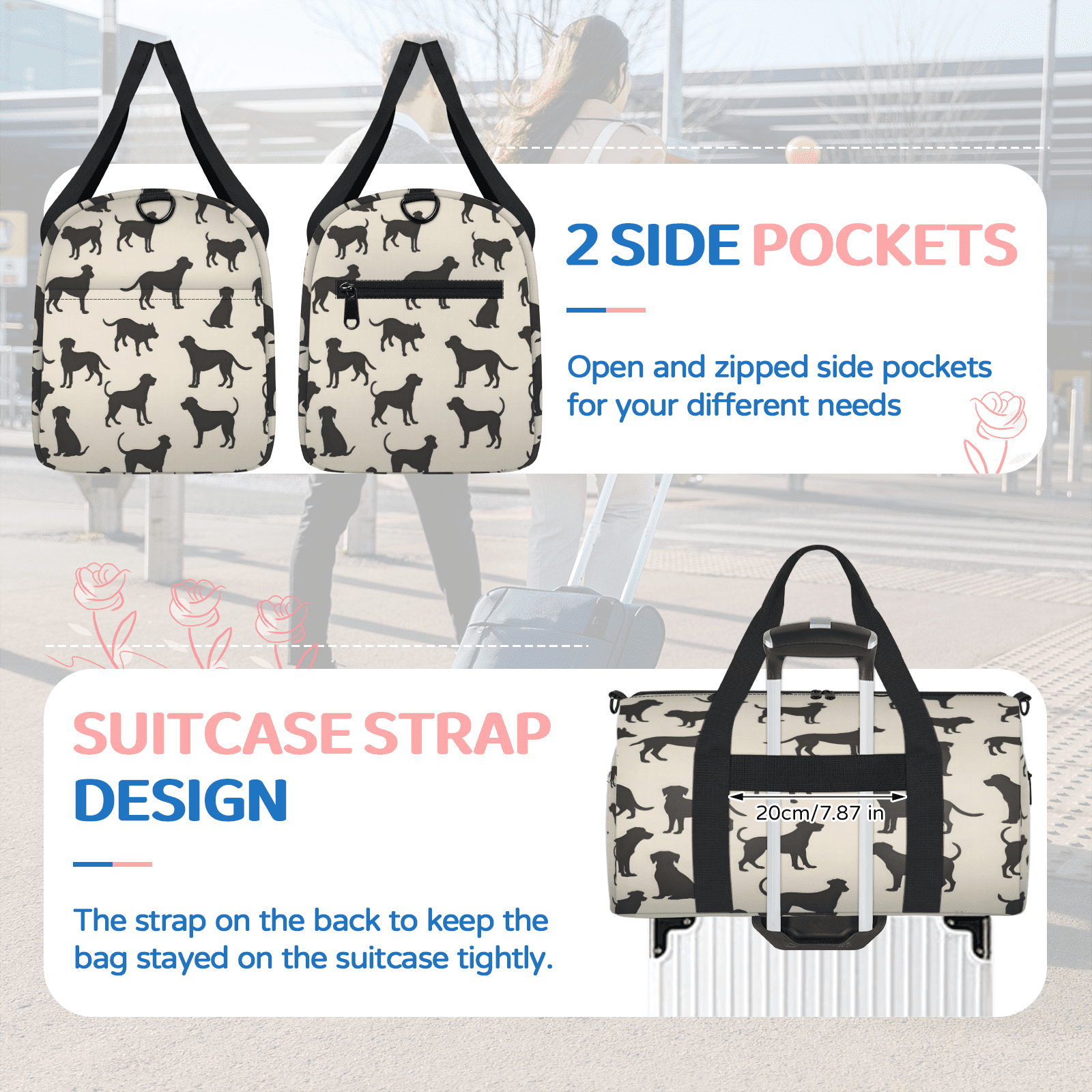 Herdesigns Dog Pattern Gym Bag for Women, Duffle Bag for Travel Sport, Lightweight Waterproof Carry on Weekender Overnight Dance Yoga Workout Bags