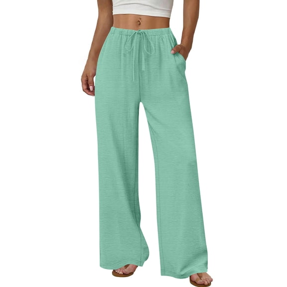 Kvture Wide Leg Pants for Women Flowy Palazzo Drawstring Elastic Waist Trousers with Pockets Beach Vacation Clothes Mint Green Pant L