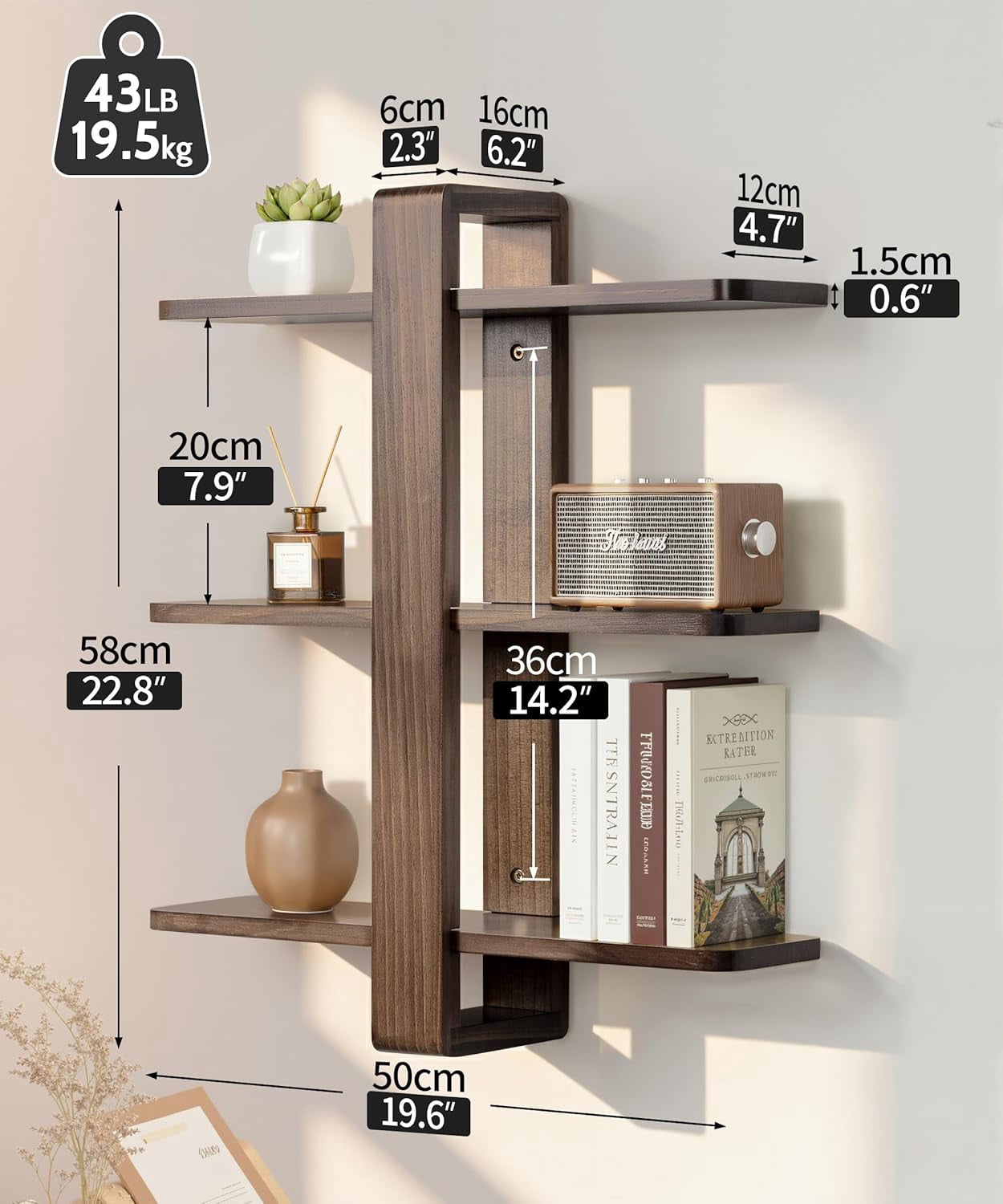 Gronda Walnut Floating Shelves for Living Room Bathroom Bedroom, Mid Century Modern Wood Wall Shelves, 3 Tier Adjustable Plant Wall Shelf, 20 Inch
