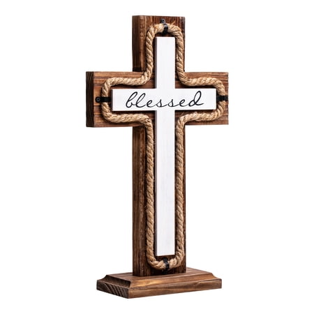 Wooden Cross with Detachable Base Blessed Tabletop & Wall Hanging Decor Farmhouse Christian Home Accent Spiritual Religious Gift for Baptism Easter Housewarming