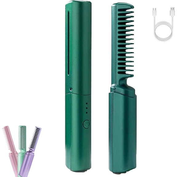 Ceramic Hairdressing Comb,2-in-1 Wireless Straightener & Curler with 3 Heat Settings(302°F,356°F,392°F),24-Hour Frizz-Free Hold,Anti-Scald Teeth,Wet/Dry Use,USB Rechargeable & Portable for Travel