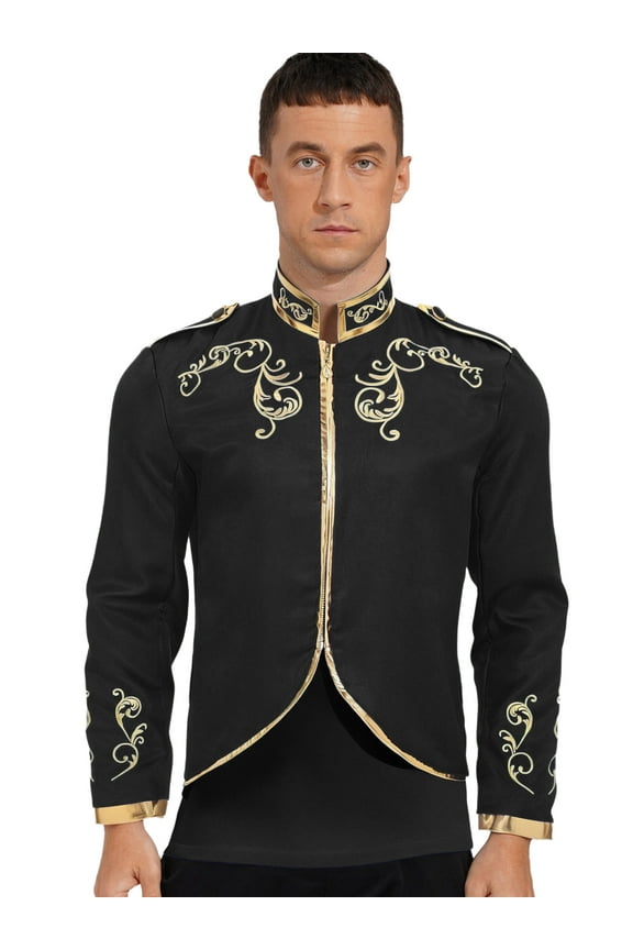 Men's Medieval Royal Palace Prince Costume Victorian Gold Embroidered Renaissance Coats Black M