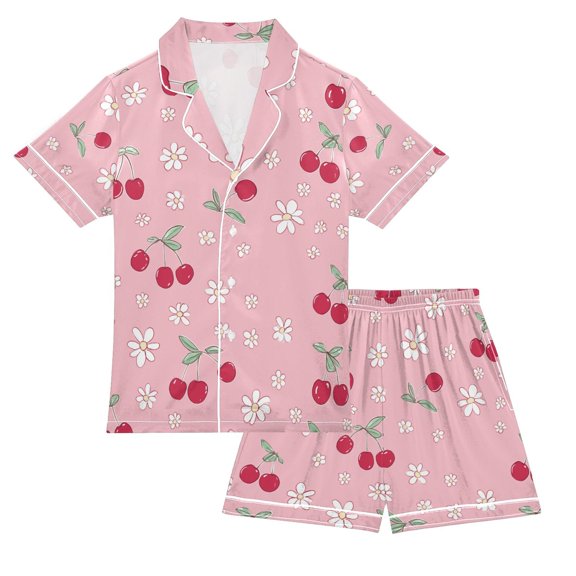 FORMRS Niños Short Sleeve Top and Pants Pajama Set Unisex Satin 2-Piece Sleepwear, Sizes 5-6Y, Pink Cute Cherry Pattern