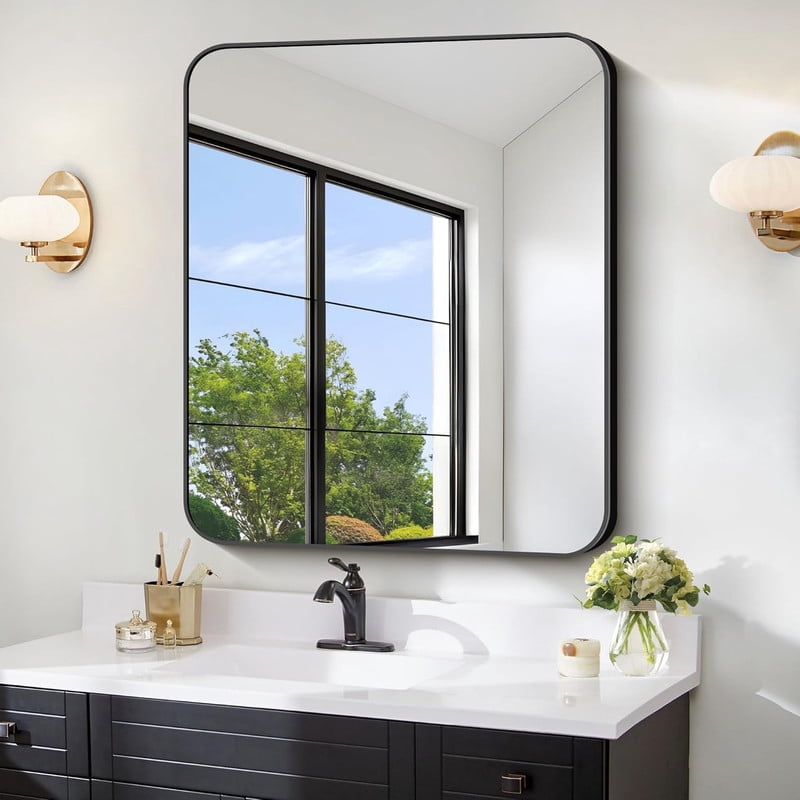 Clarvion 39"x39" Rounded Edge Rectangle Bathroom Mirror Wall Mounted Vanity Mirror,Black
