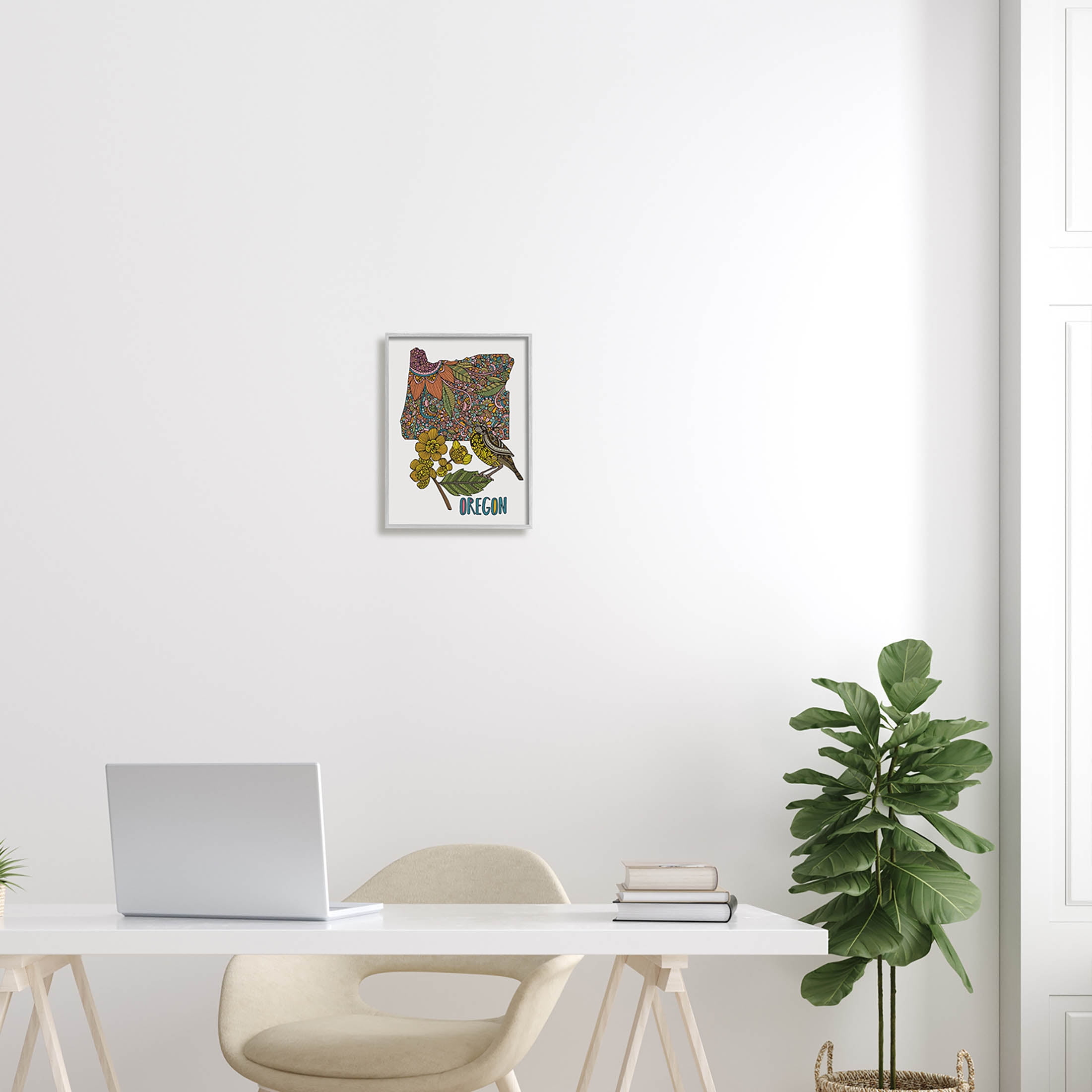 Stupell Industries Oregon State Flower Bird Graphic Art Gray Framed Art Print Wall Art, Design by Valentina Harper