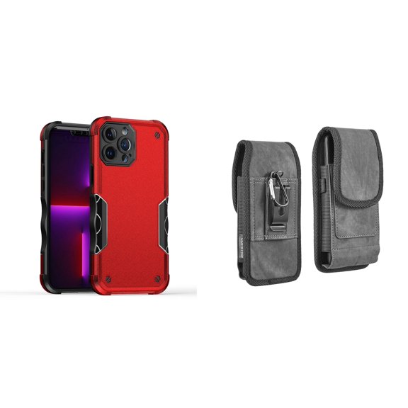 Case with Belt Holster Bundle for iPhone 14 Pro Max: Slim EX Hybrid Series Shockproof Case (Red) and Vertical Rugged Denim Nylon Phone Pouch