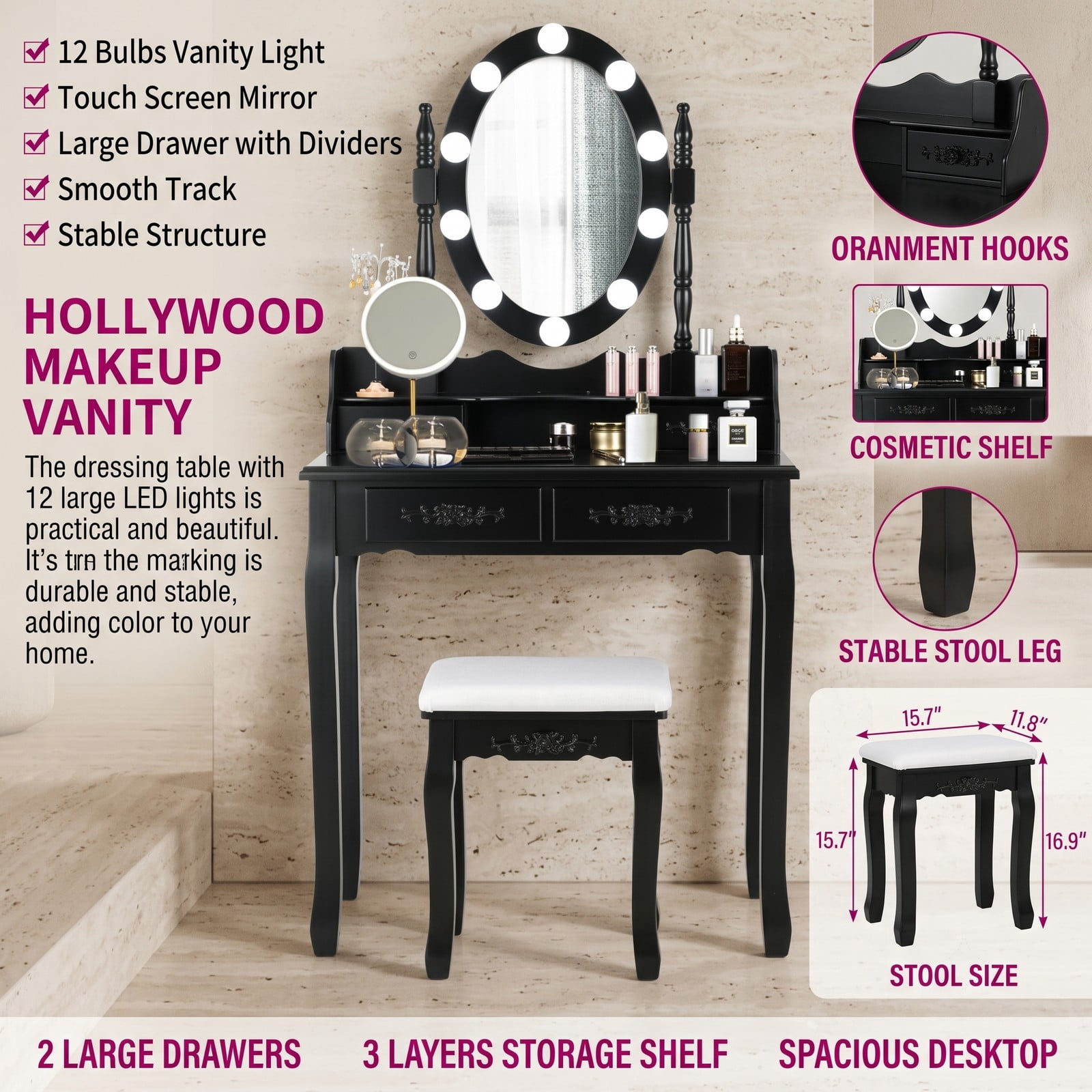 Furnibear Makeup Dressing Table with Touch Switch Lighted Mirror and Cushioned Stool, Vanity Desk with 4 Drawers and 10 LED Bulbs, Black