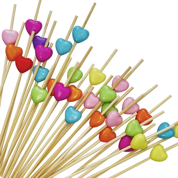 100 Pcs Bamboo Cocktail Picks, Fancy Toothpicks for Appetizers, Handmade Bamboo Skewers, Disposable Bamboo Sticks, Cocktail Garnish, Charcuterie Accessories (4.7 Inch Multicolor Candy Heart)