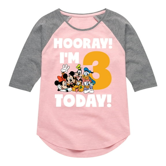 Mickey & Friends - Hooray I'm 3 Today - Toddler And Youth Girls Raglan Graphic T-Shirt