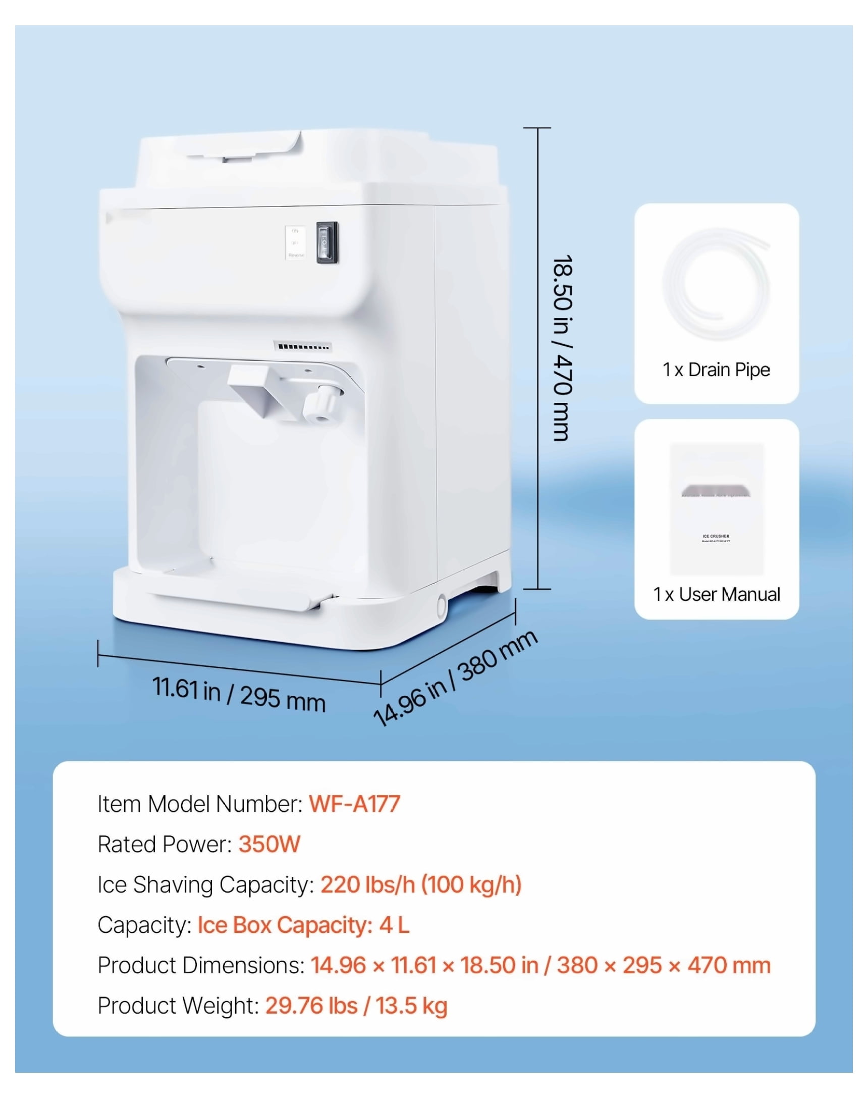Commercial Snow Cone Maker - 220LBS/H Electric Ice Shaver Crusher - Adjustable Fineness - Large 4L Capacity - White