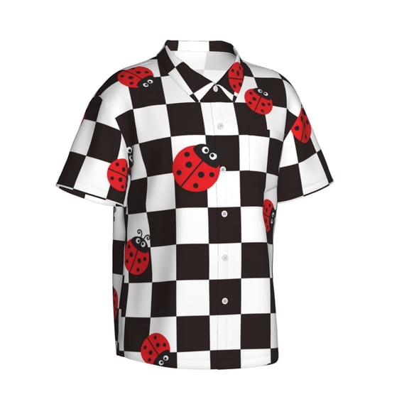 Lsque Ladybugs Of Black And White Checkers pattern Hawaiian Shirt for Men, Unisex Summer Beach Casual Short Sleeve Button Down Shirts-Medium