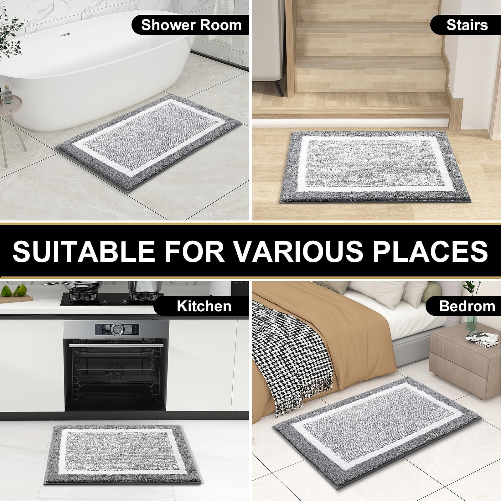Buganda Bathroom Rugs and Mats, Extra Soft and Absorbent Microfiber Bath Mats, Non-Slip Shaggy Bath Carpets, 24x36, Grey