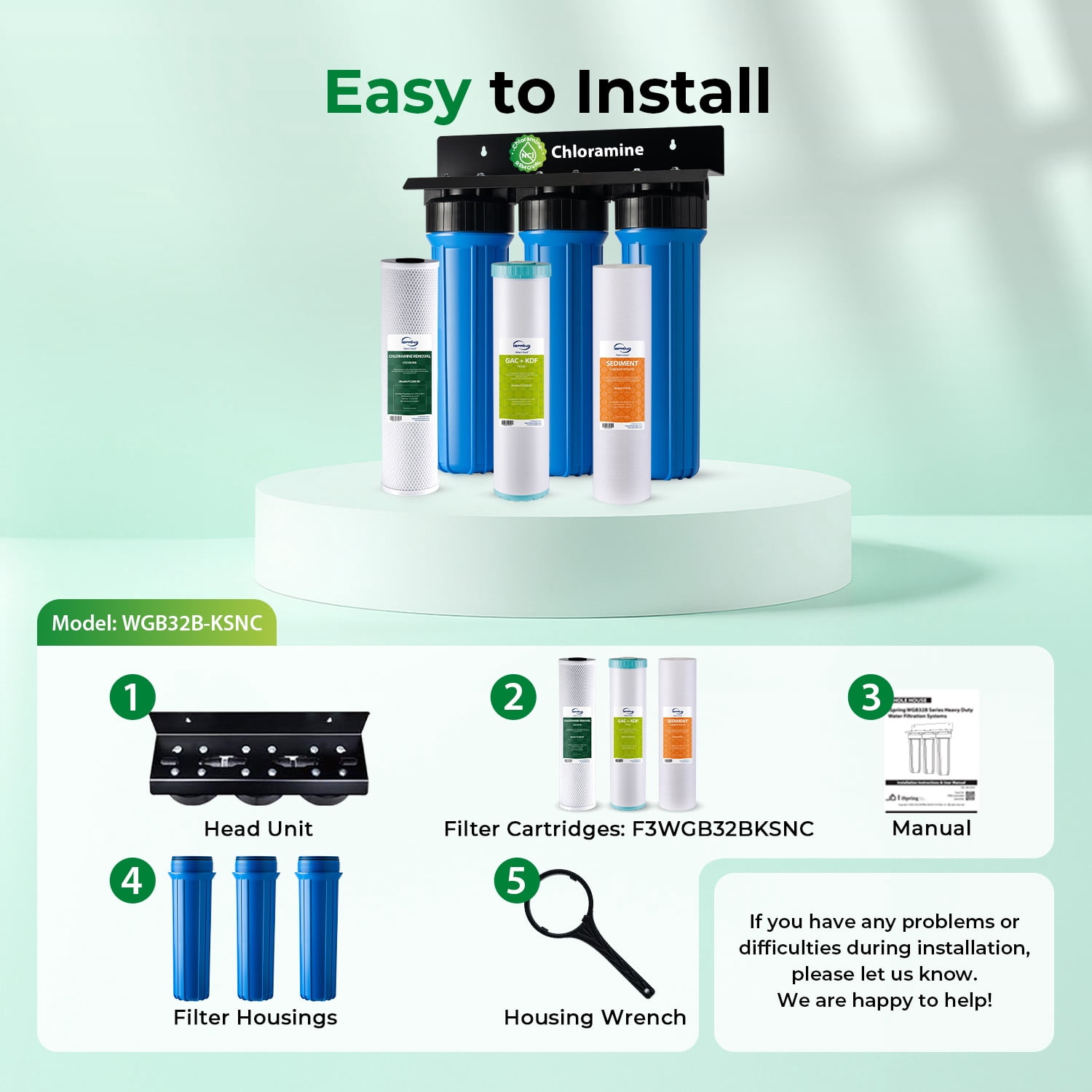 iSpring WGB32B-KSNC Whole House Filter System: SGS-Tested, removes 94.4% Chloramine. 3-Stage filtration for Lead, Metals & VOCs. 20”x4.5” filters with 1” Inlet/Outlet for high flow.