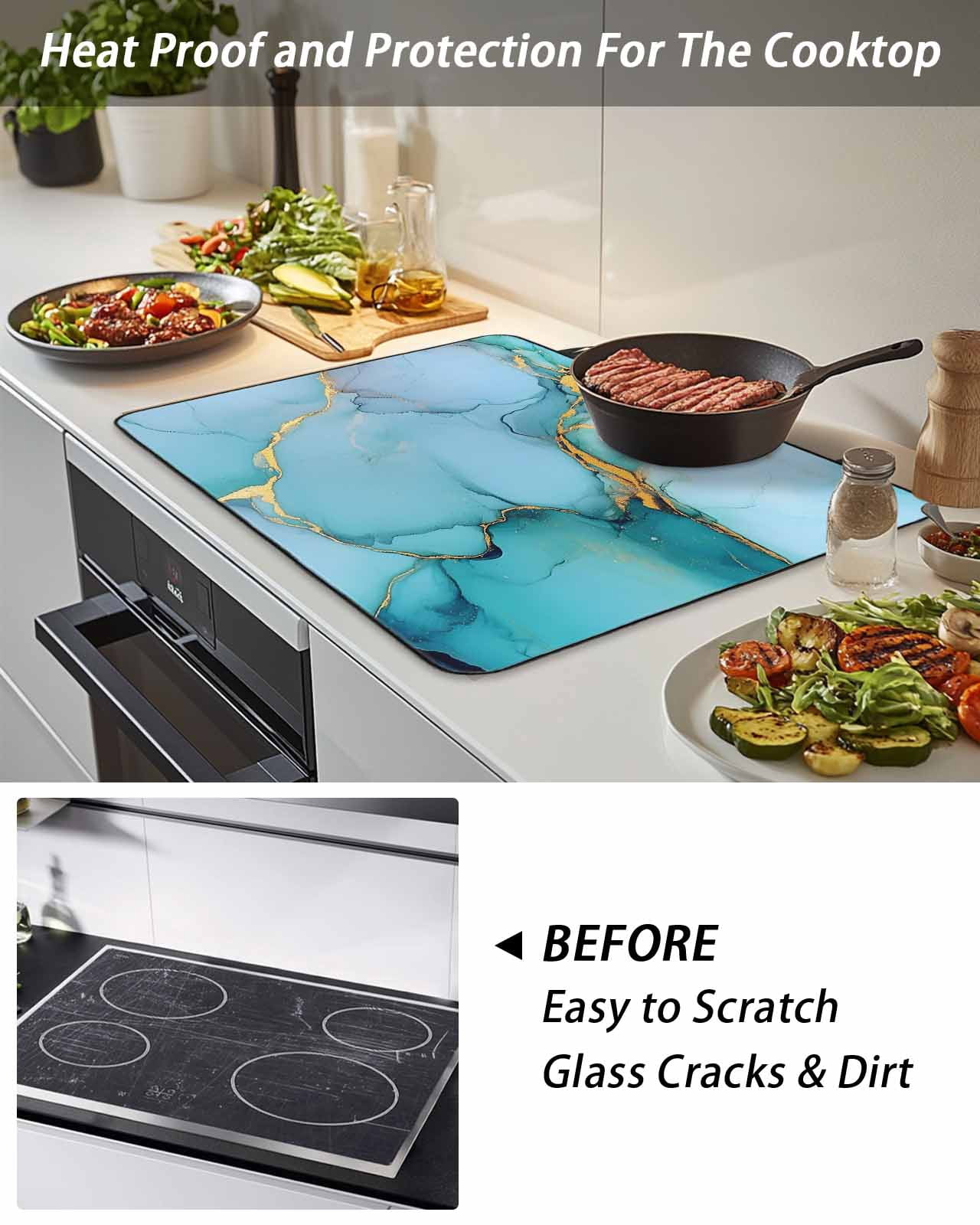 Stove Top Covers for Electric Stove, Teal Marble Glass Stovetop Cover Protector, Modern Ink Painting Luxury Modern Art Induction Cooktop Protector Oven Mat for Kitchen Countertop 24"x21"