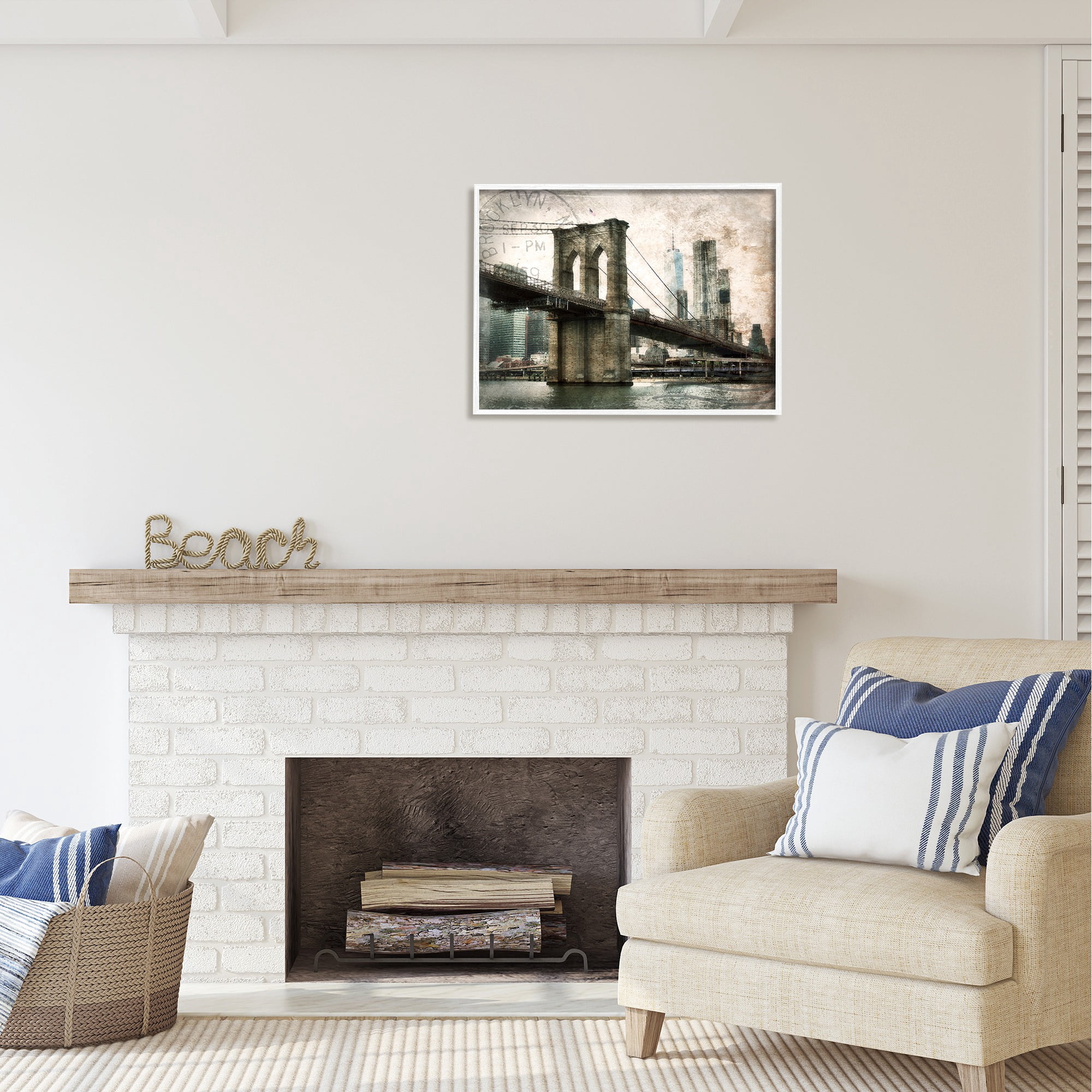 Stupell Industries Vintage Brooklyn Bridge Abstract Painting White Framed Art Print Wall Art, 30 x 24