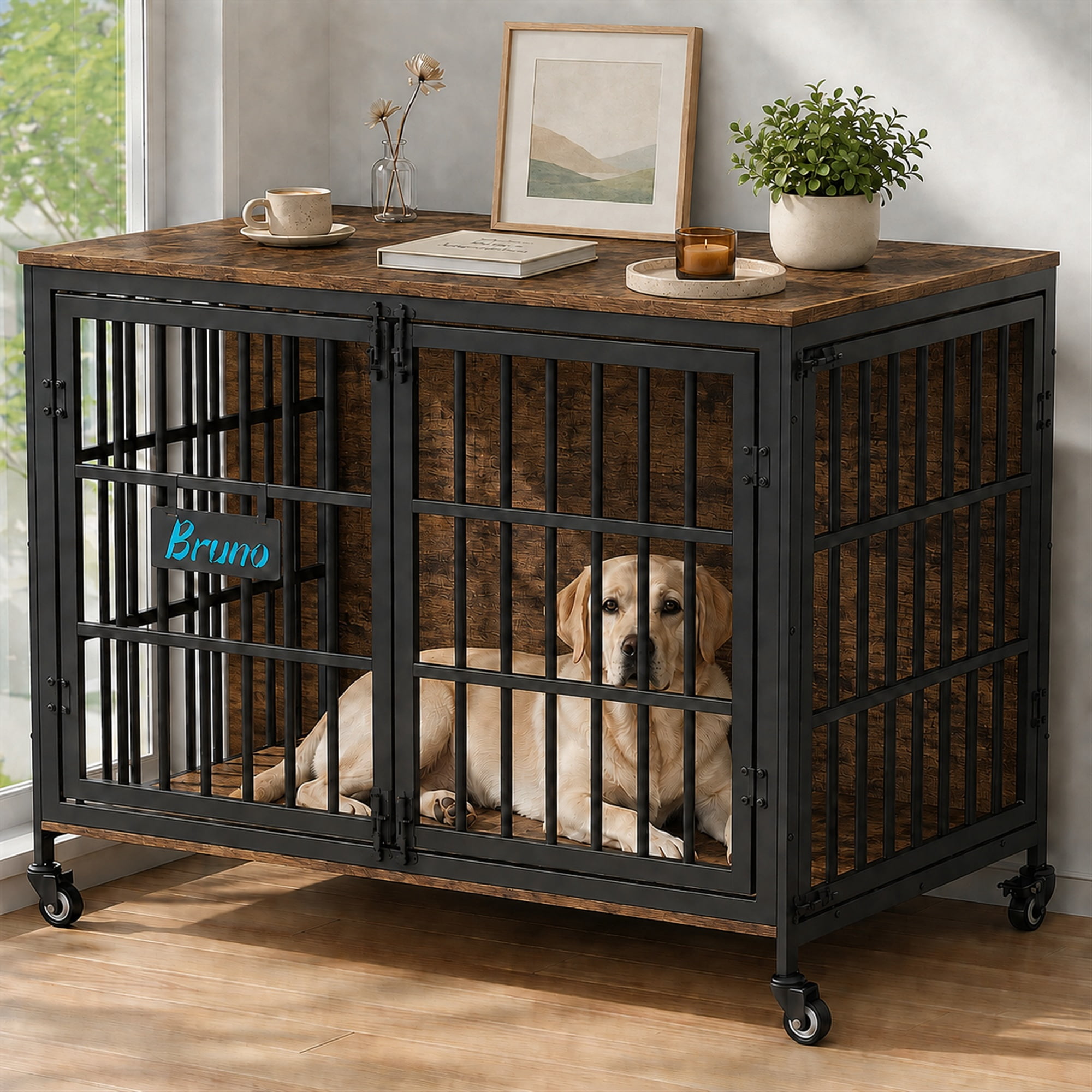 Amlancher 46-Inch Heavy-Duty Dog Crate Furniture with Casters, 3 Doors and Name Tag, Rustic Brown
