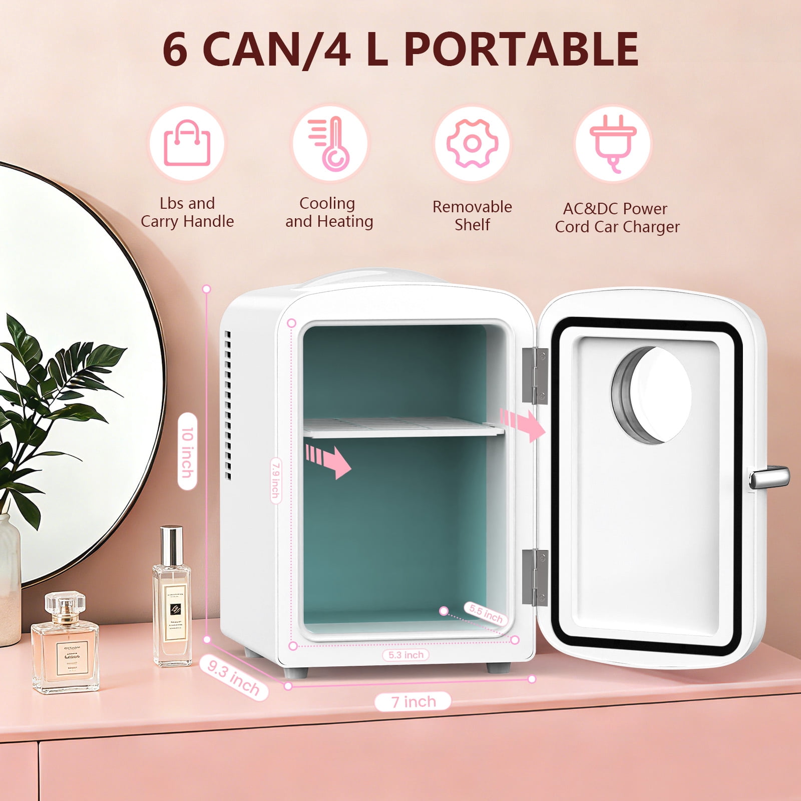 KNDKO Mini Fridge, 4L/6 Cans Cooler and Warmer Compact Refrigerator Skincare, Makeup & Drink, Portable Desk Fridge for Car, Office, Dorm, White