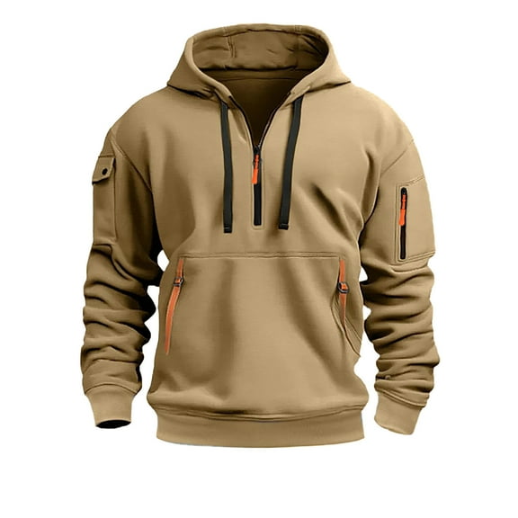 Men's Sweatshirts Pullover Hoodies Cargo Hooded Sweatshirt Adjustable Zip Up Neck, Kangaroo Pocket Sporty Sweatshirts with Drawstring Hood Khaki L
