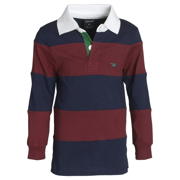 Sportoli Little Boys 100% Cotton Wide Striped Long Sleeve Polo Rugby Shirt - Burgundy (Size 2)