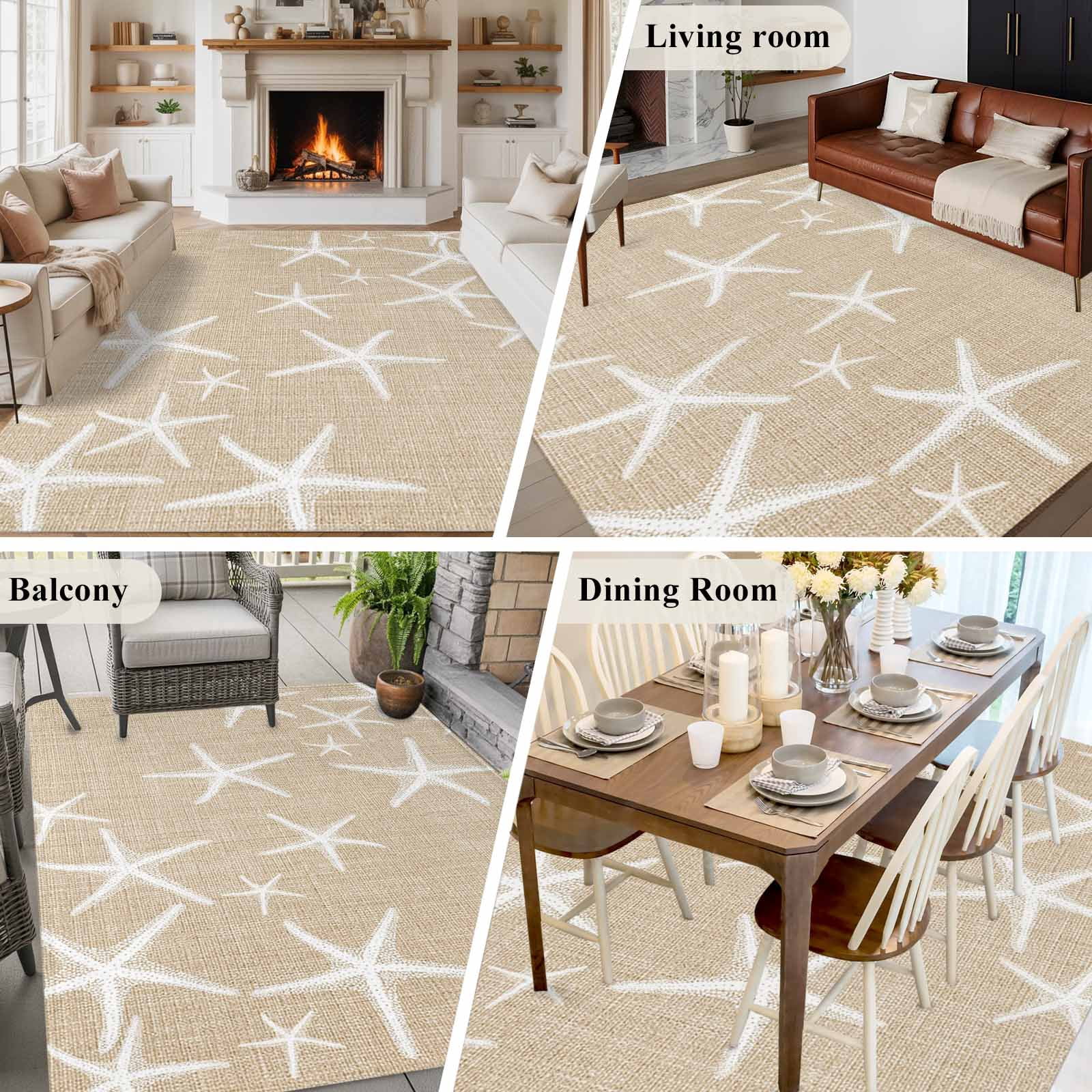 Rectangle Area Rugs 8 x 10 Ft, Coastal Starfish Non-Slip Residential Carpet, Summer Ocean Waves Ombre Sea Beige Indoor Crawling Mats Runner Rugs for Living Room/Dining Room/Bedroom