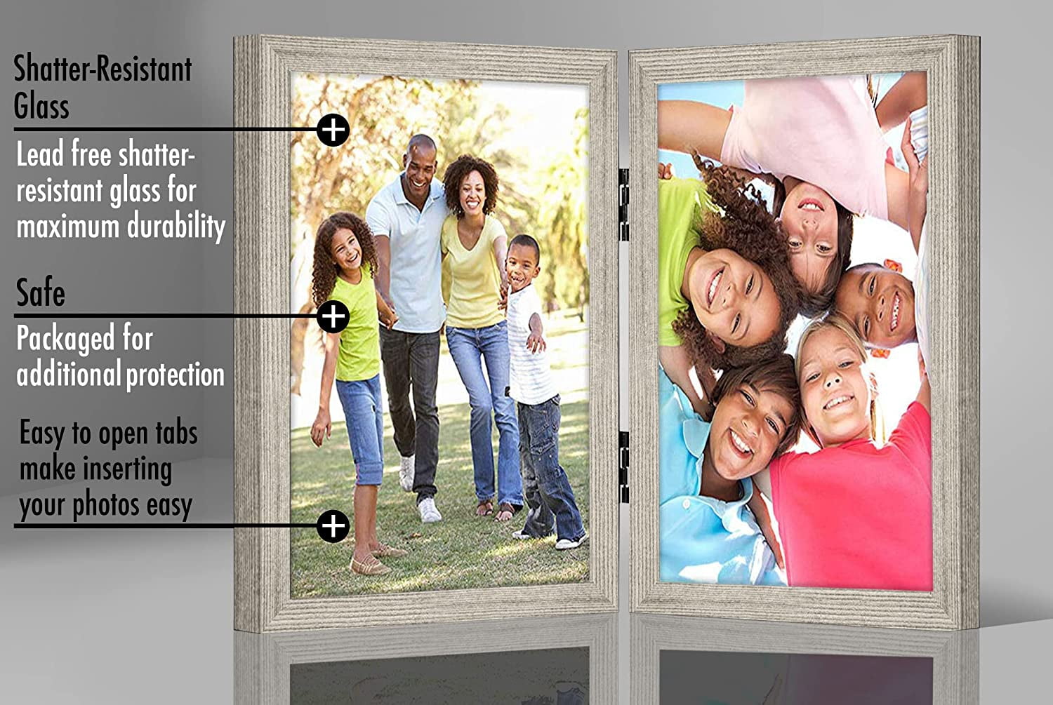 Americanflat 8x10 Hinged Picture Frame in Driftwood with Two Displays in Shatter Resistant Glass for Tabletop