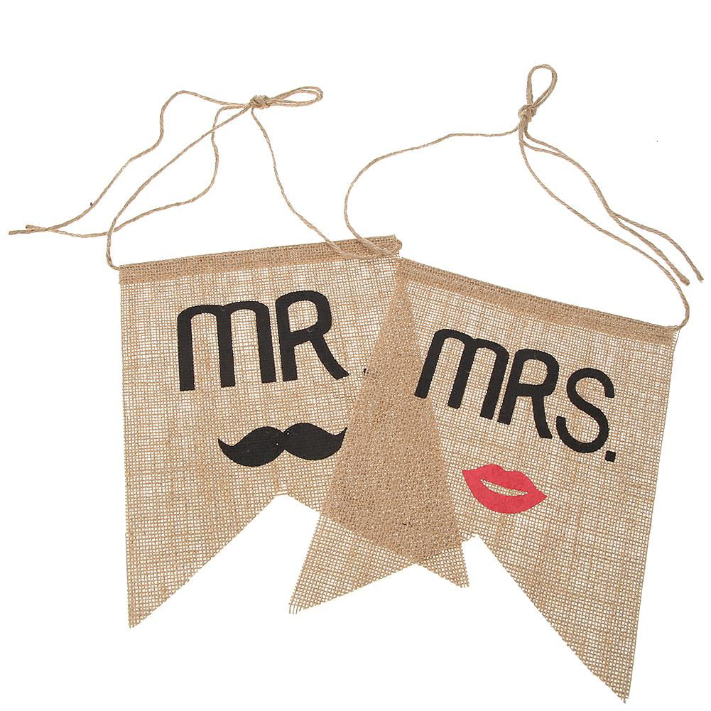 Mr & Mrs Burlap Chair Banner Set Sign Rustic Wedding Party Khaki Garland Decor 