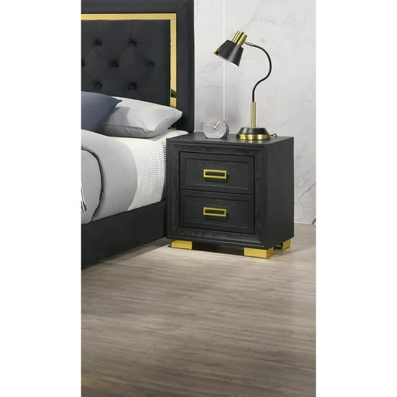 Miekor Furniture Glamorous 1pc Modern Glam Style 2-Drawer Nightstand Black Gold Finish Gold-colored Hardware Bedroom Furniture B5A2731