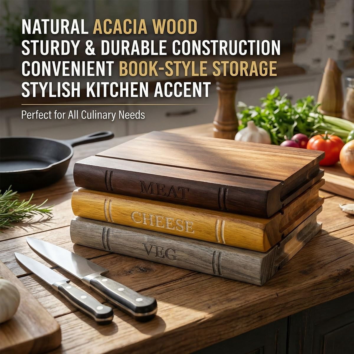 Library Cutting Board Set, Wood Book Cutting Boards with Stand, Decorative Cutting Boards for Kitchen Display, Acacia Wooden Chopping Board Set of 3