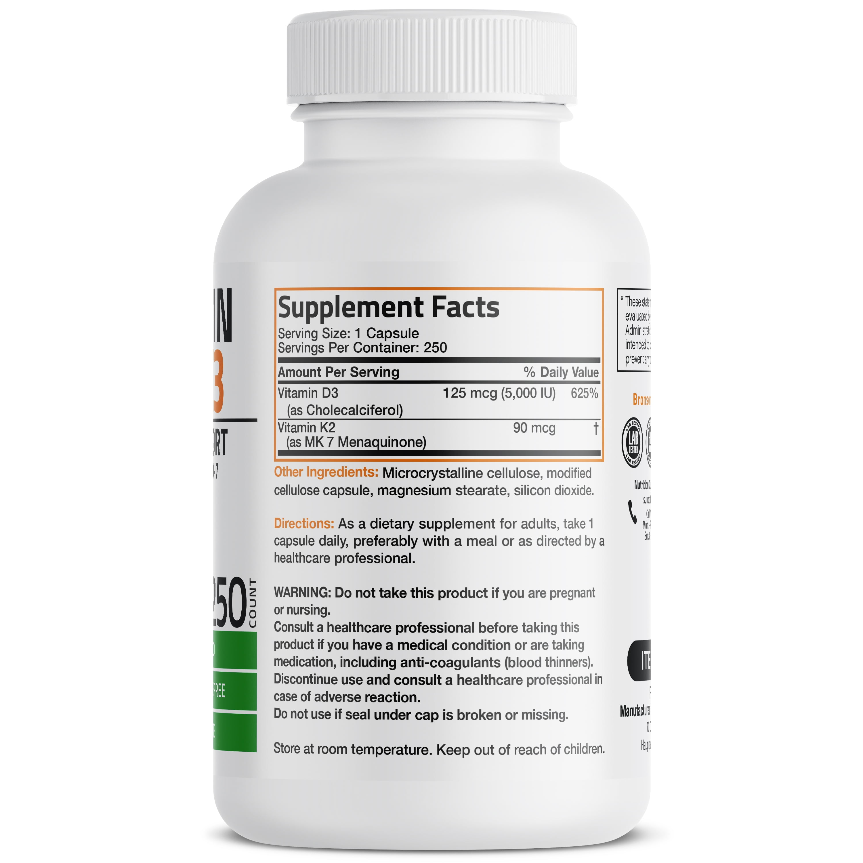 Bronson Vitamin K2 (MK7) with D3 Supplement Bone and Heart Health Non GMO & Gluten Free Formula - Easy to Swallow, 250 Capsules