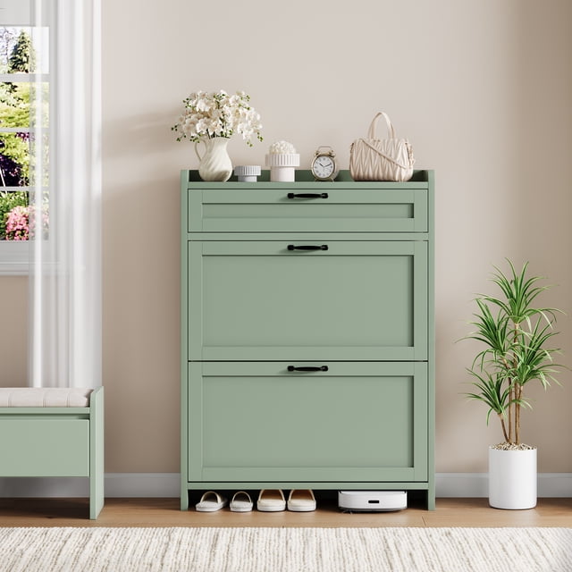 Organisateur d'Armoire à Chaussures Moderne - Rangement Caché avec 2 Tiroirs Rabattables - Étagère d'Entrée Autoportante Compacte - MDF avec Poignée en Métal