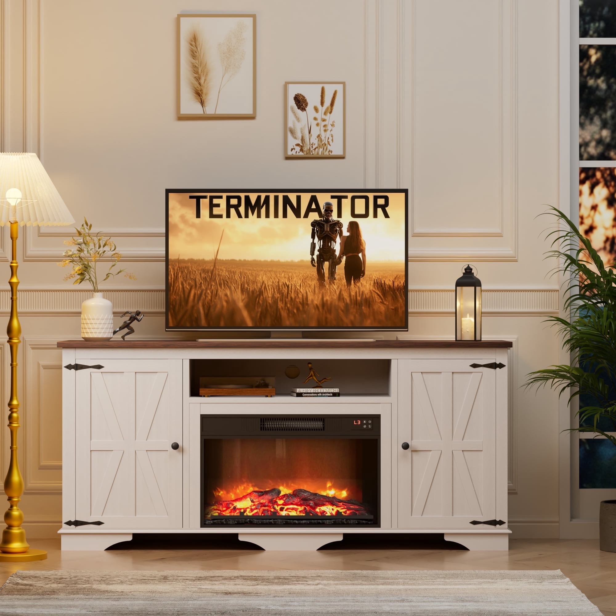 GIKPAL Fireplace TV Stand for TVs up to 65", 1400W Farmhouse TV Stand with Electric Fireplace, Entertainment Center for Living Room with Storage Cabinets/Adjustable Shelves, Rustic Beige