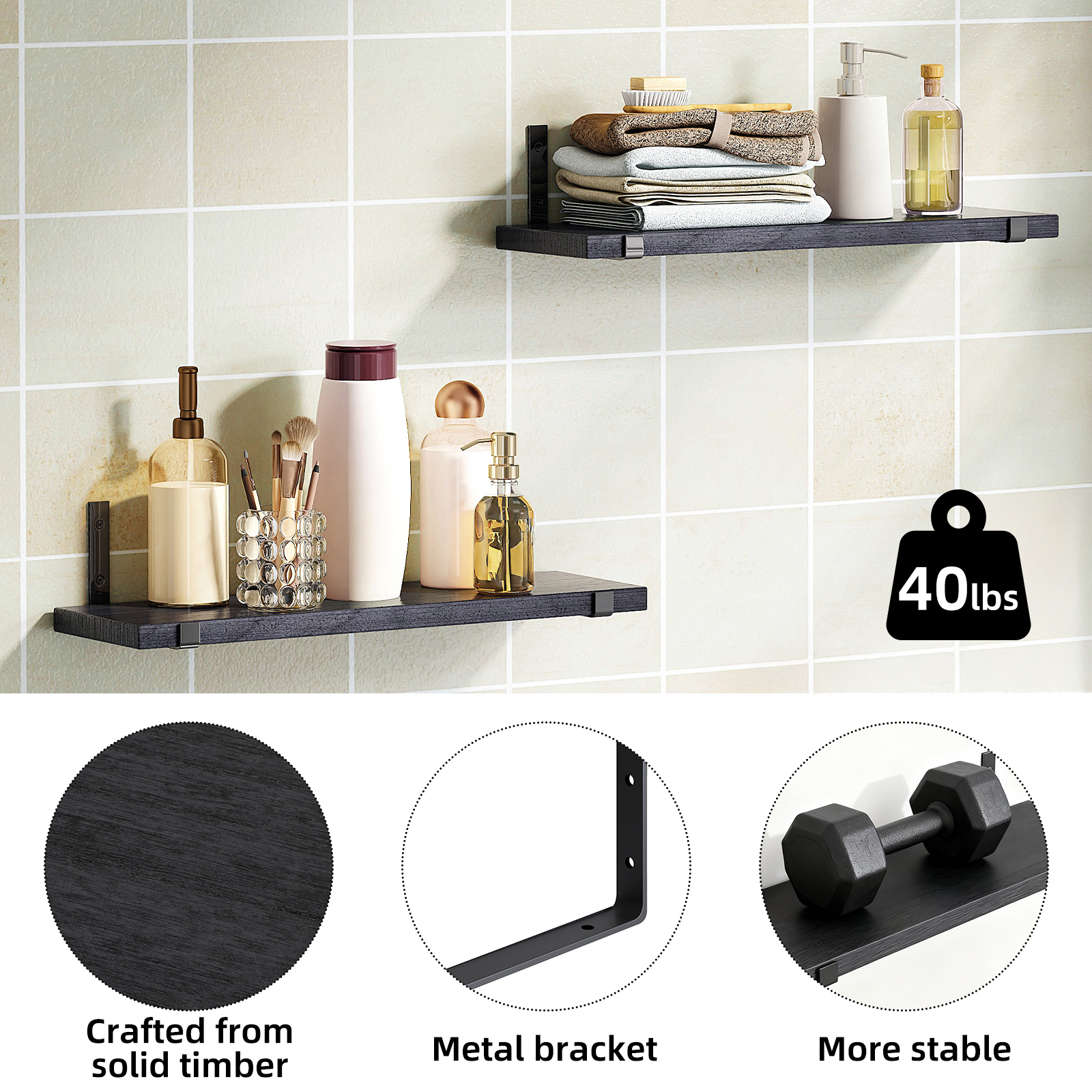 Floating Shelves Set of 5, Width 4.7 Inches Wall Shelves, Rustic Wood Wall Storage Shelves Black