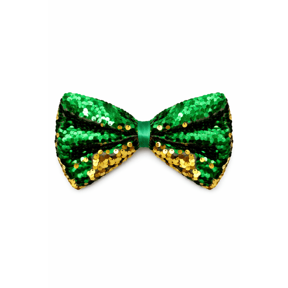 (1) St Patrick’s Day Sequin Bow Tie Green Gold Adjustable Elastic Pre Tied Holiday Party Accessory 4 x 7.2 Inches