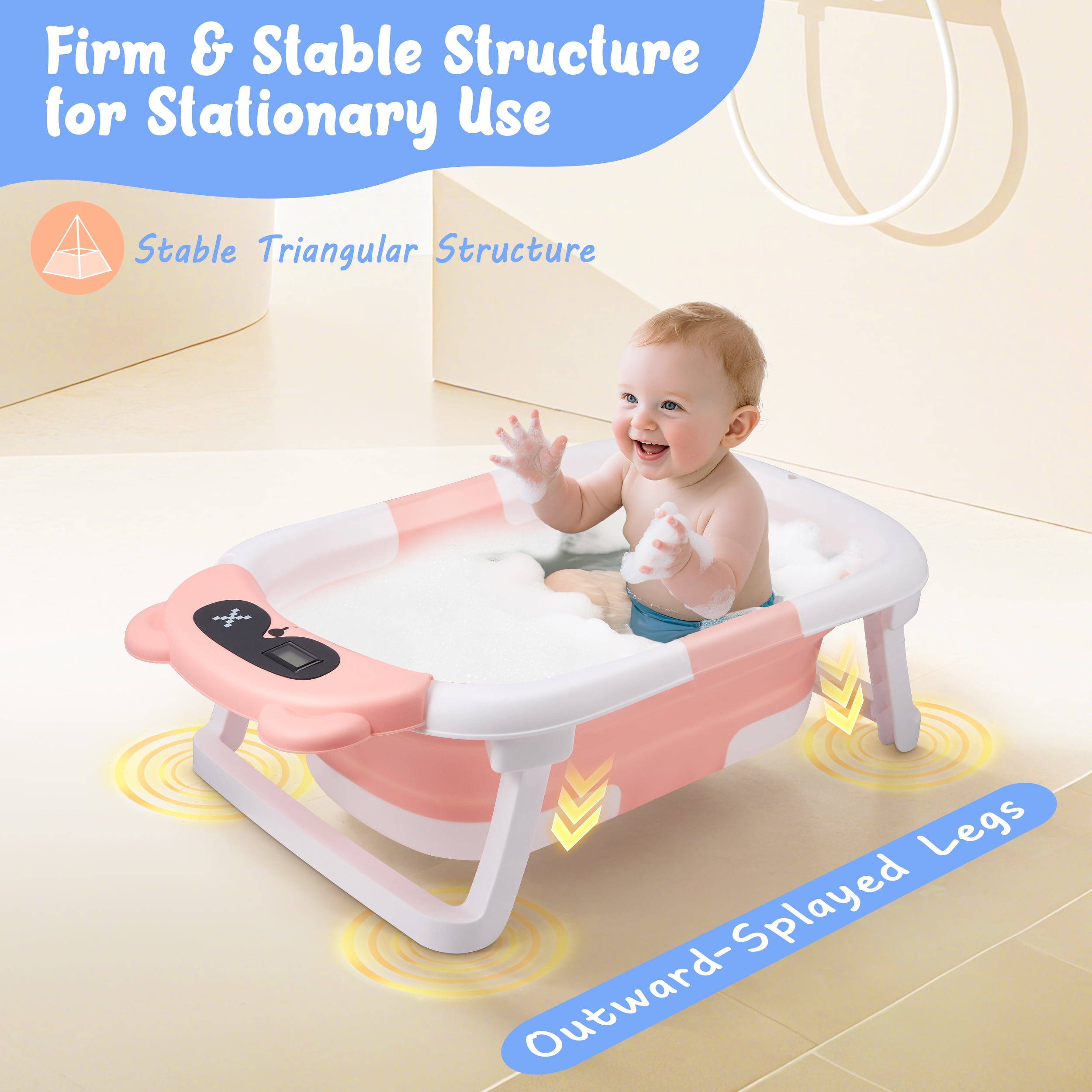 Doulami Baby Bathtub for Infants Collapsible Baby Tubs for Newborns with Cushion and Thermometer, 0-36 Month(Pink)