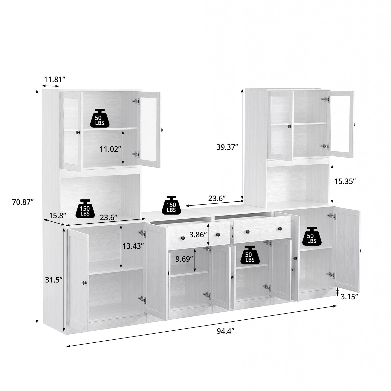 RichYa 4Pcs Kitchen Pantry Storage Cabinet Set,Modular Furniture Cabinets with Display Glass Doors,Hutch Buffet Cabinet with Drawers & Countertop for Dining Room,White