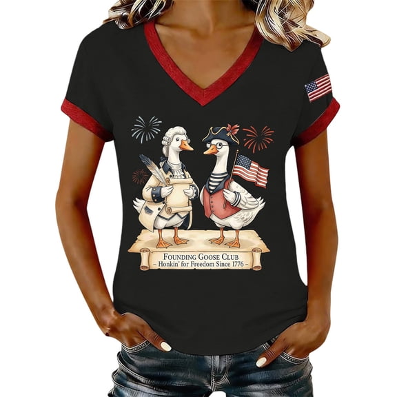 MEICHEN Women's 250th Anniversary V Neck Graphic Tee Casual Soft Print T Shirt Blouse Short Sleeve Summer Top