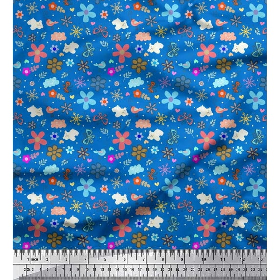 Soimoi Poly Georgette Fabric Bear,Bird & Floral Clip Art Printed Fabric 1 Yard 42 Inch Wide