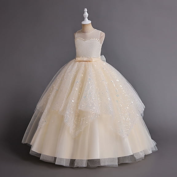 Weebloom Flower Girl Dresses Birthday Wedding Sleeveless Round Neck Formal Party Dress Kids Embroidered Bridesmaid Prom Pageant Maxi Dress Beige Girls Dresses