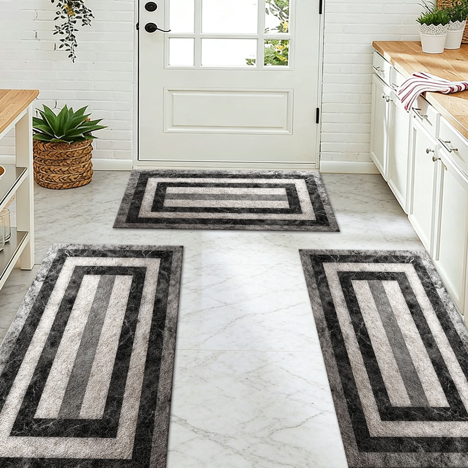 3-Piece Farmhouse Kitchen Rug Set, Washable Anti Slip Striped Floor Mats in 3 Sizes, Stain Resistant Decor Rugs for Kitchen Hallway Bathroom Home Christmas Decor