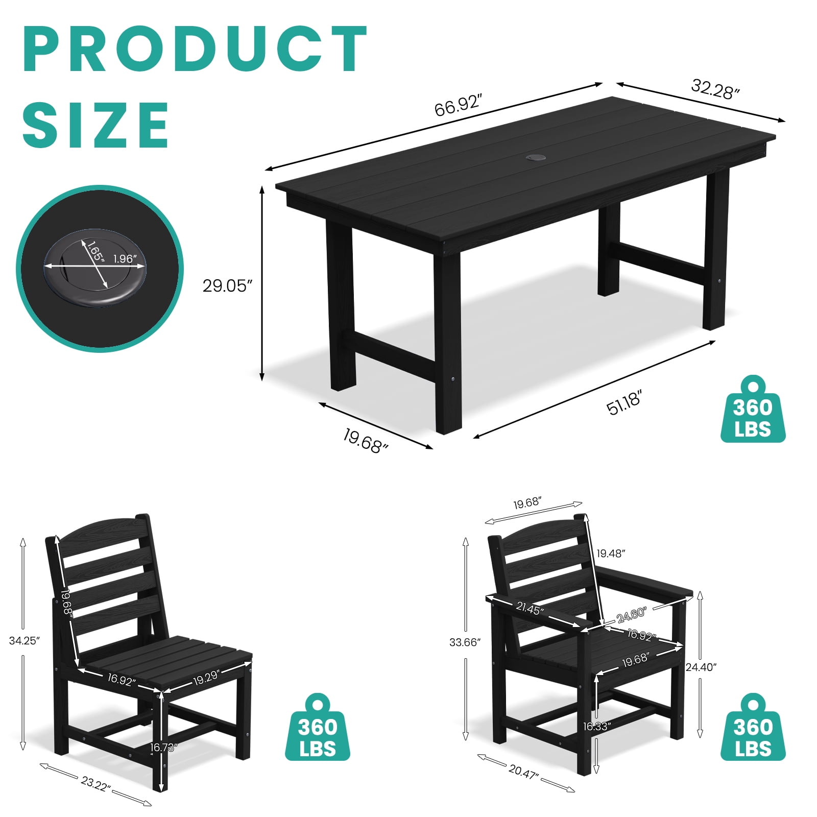 LOYALICE 7 PC Outdoor Patio Furniture Set, Patio Dining Sets, 6 Chairs and 1 Table, Black