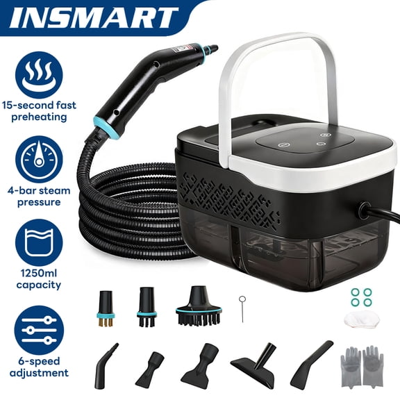 INSMART Handheld Steam Cleaner, 2500W High-Pressure with 4 Bar & 6-Level Adjustment, 42oz Tank, 15 Pcs Accessories Kit for Car, Bathroom, Glass, Sofa, floor